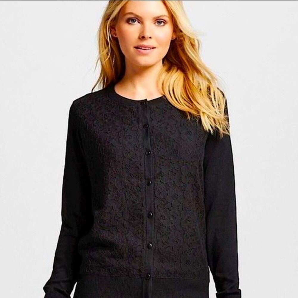 Vintage Merona Women’s Black Lace Front Cardigan Sweater Knit Top Size M